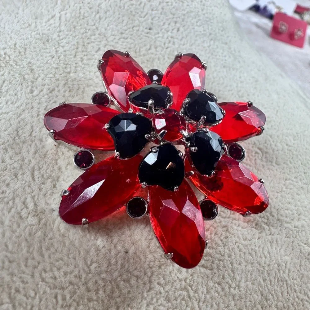 Elegant Red and Black Floral Brooch